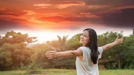 Sunset Celebration Woman Embracing Nature with Open Hands