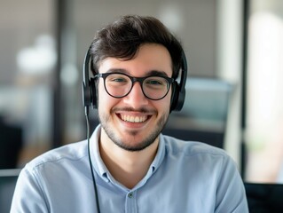 Male customer support operator with headset and smiling
