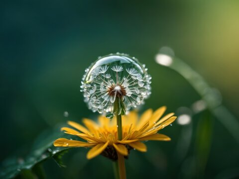 Beautiful shiny dew water drop on dandelion seed