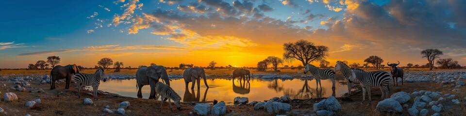 Wild herbivorous animals at a waterhole in the savanna during an orange sunset, reflecting in water © Andrii Zastrozhnov