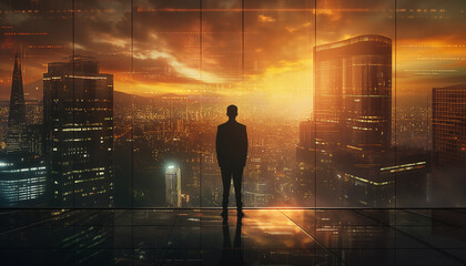 A silhouette of a person walking through a city at night illuminated by lights and shadows