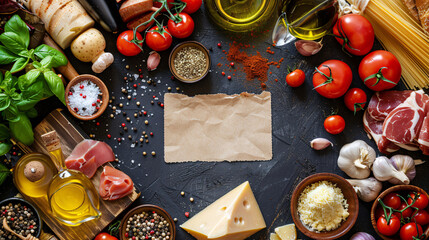 Cooking ingredients arranged on a wooden board with a blank recipe card