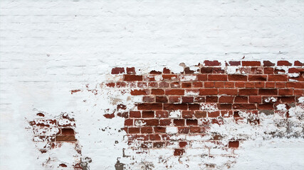 The banner is made of the texture of an old brick wall, painted white with partially peeling paint