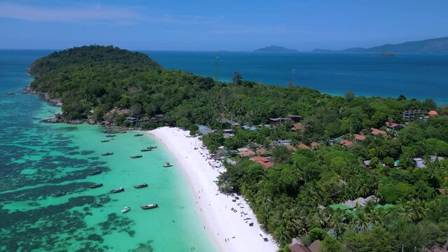  Relaxing on sandy beach at koh lipe island Spectacular aerial view flight drone