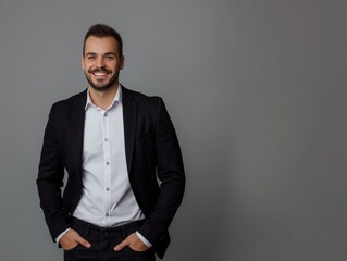 Fototapeta premium charming successful young entrepreneur, smiling broadly with self-assured expression while holding hands in pockets