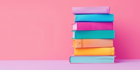 Colorful stack of books against a pink background