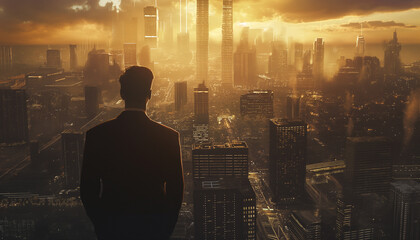 Silhouette of a person walking in an urban cityscape with skyscrapers and office buildings