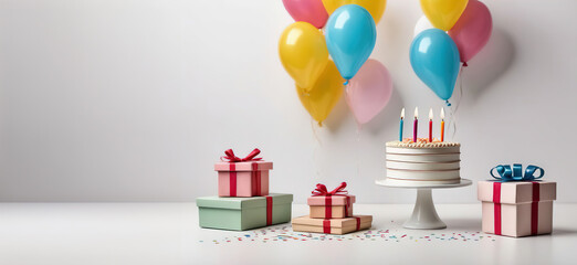 Colorful celebration birthday cake decorated with candies and colorful candles with pastel buttercream frosting against a plain with balloon in white background.ai generated