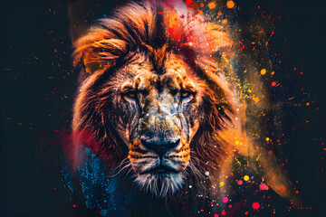 Naklejka premium Vibrant lion head with colorful paint splatter on dark background