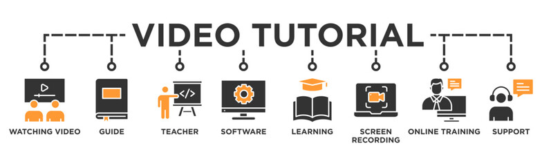 Video tutorial banner web icon illustration concept with icon of watching video, guide, teacher, software, learning, screen recording, online training, support