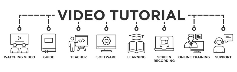 Video tutorial banner web icon illustration concept with icon of watching video, guide, teacher, software, learning, screen recording, online training, support