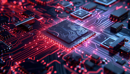 Close-up of a computer circuit board with electronic components and microchips