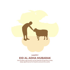 Eid al Adha greeting card. Cute cartoon holding a goat for sacrifice. vector illustration. eid al adha mubarak Arabic man with goat. abstract vector illustration design. happy eid mubarak greeting con