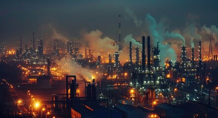 Fototapeta premium Industry Night: Petrochemical Plant and Oil Refinery in Operation