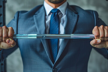 Businessman in a suit lifting weights, representing the concept of strength, determination, and personal development in the corporate world
