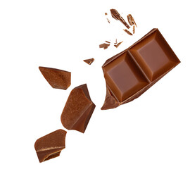 Isolated Broken chocolate bar pieces falling on white background. Milk  chocolate chunks  Collection..