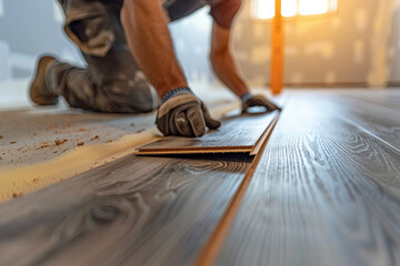 Skilled carpenter installing laminate flooring in a room, showcasing the process of home renovation and improvement