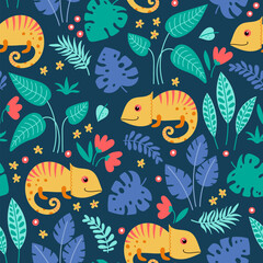 Tropical seamless pattern with chameleon