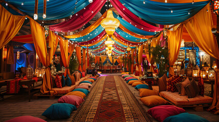 Cultural festival event setup with traditional decorations and vibrant props