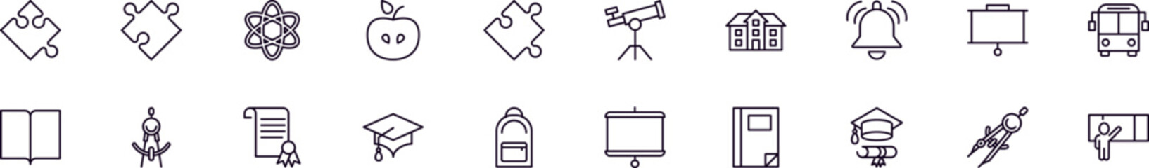 Set of vector outline symbols of education, school, university. Line icon perfect for web sites, newspapers, articles, book