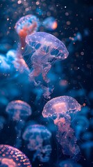 Obraz premium Captivating Bioluminescent Creatures Illuminating the Mysterious Deep Sea Realm
