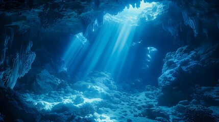 Obraz premium Captivating Underwater Cave Revealing Hidden Marine Life and Geological Wonders