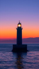 Fototapeta premium Lighthouse Beacon Guiding Ships Through Tranquil Nautical Twilight Seascape