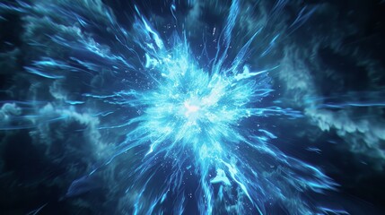 Fototapeta premium Stunning cosmic explosion with vibrant blue energy radiating through the galaxy. Lightning bolts and glowing light create a mesmerizing celestial scene, symbolizing the immense power of the universe.