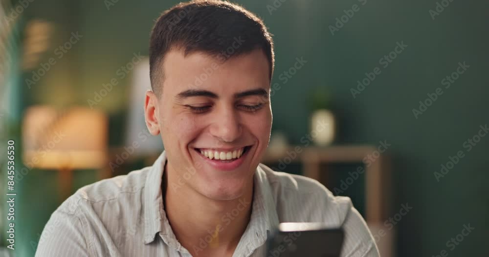 Poster laughing, social media and man with smartphone on sofa for communication, scroll internet or network