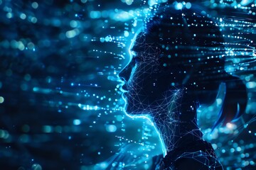 A woman's face is shown in a blue and white background with a lot of dots. The image is abstract and futuristic, with a sense of movement and energy