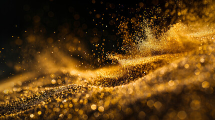 Golden grains of sand explode, creating a wave of sand in the air. Yellow sand splashes against a black background, frozen in time by a high-speed shutter.