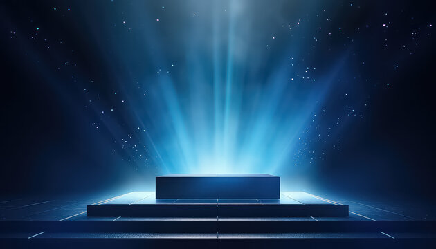 Podium on blue background with spotlights for product - Powered by Adobe