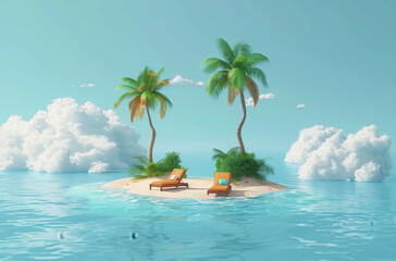 Two Lounge Chairs on a Small Tropical Island.  The sky is a bright blue, with white fluffy clouds. The image is a perfect example of a tropical paradise.