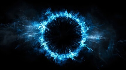 Stunning visual of a glowing energy ring with electric strands radiating from a central black void. This cosmic scene captures the dynamic power and beauty of an interstellar phenomenon.