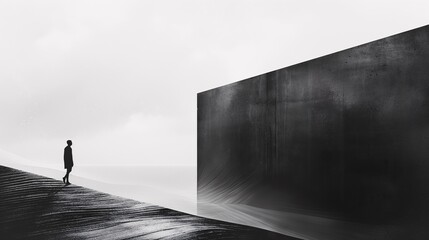 A lone figure walks towards a large, imposing black structure in a stark, minimalist landscape, offering a sense of solitude and contemplation.