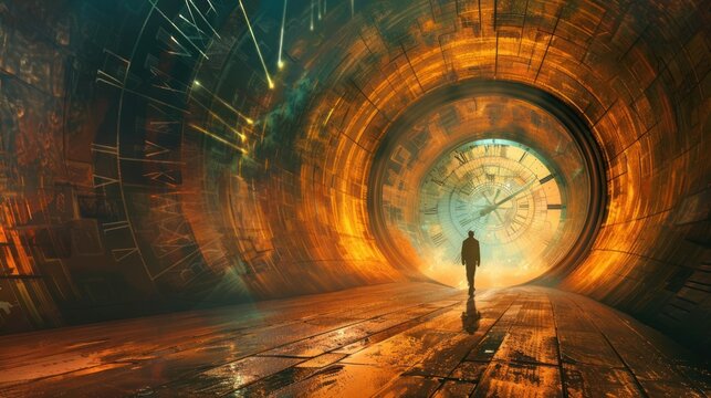 Time traveler walking in tunnel time