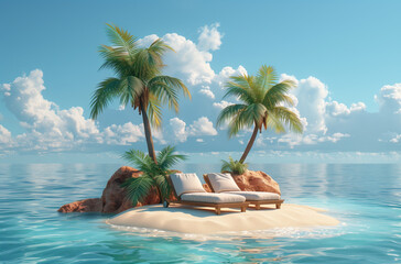 This image depicts two lounge chairs on a small, sandy island with two palm trees. The chairs are facing the clear blue ocean, which stretches out to the horizon. The sky is a bright blue.