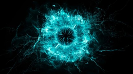 Obraz premium Stunning visual of a glowing energy ring with electric strands radiating from a central black void. This cosmic scene captures the dynamic power and beauty of an interstellar phenomenon.