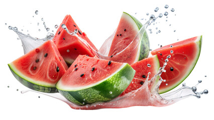 Watermelon  slices flying in splash of watermelon juice, isolated on white background