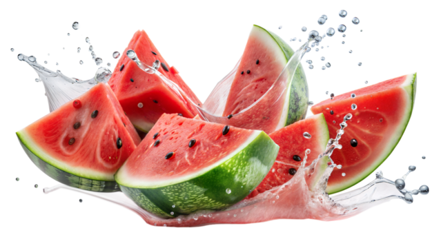 Watermelon  slices flying in splash of watermelon juice, isolated on white background