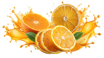 orange slices flying in splash of orange juice isolated on white background cutout