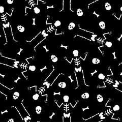 Simple skeleton seamless pattern. Vector Halloween repeat black background with dancing skeletons, skull and bones. Funny print for fabric texture, Day of Dead decor, wallpaper, wrapping, backdrop.