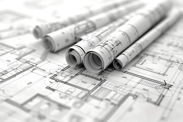 Architecture project of modern house. Architectural drawings and blueprint. Business, architecture, design and work concept. Illustration for banner, poster, flyer