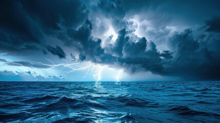 Strong lightning flashes in cloudy skies and stormy seas during a tropical storm. Climate change has contributed to such severe weather events.