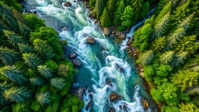 Wild flie&szlig;ender Fluss mit Steinen und Felsen in den W&auml;ldern - Drohnenaufnahme mit beeindruckender Natur und Landschaft