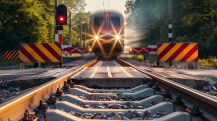 Train approaching a railway crossing with barriers down and warning lights flashing