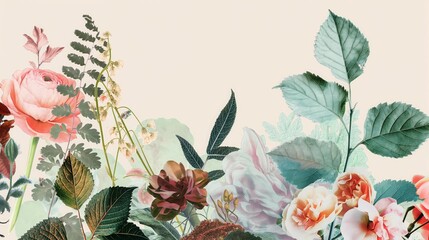 Vintage floral illustration with a variety of flowers and leaves in soft pastel colors on a beige background