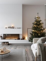 Modern living room with Christmas tree and gifts, minimalist sofa, and decorative fireplace