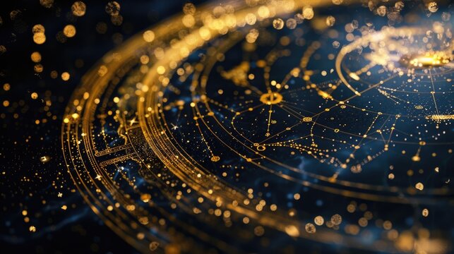 Astrological symbols and zodiac signs with golden dust on a dark background.