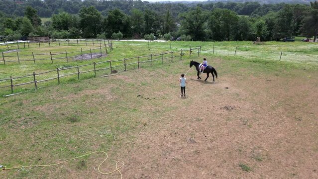 boy child goes to a horse riding lesson in a horse ranch in the countryside - hippotherapy and educating children on the relationship with animals - psychological support activity in childhood